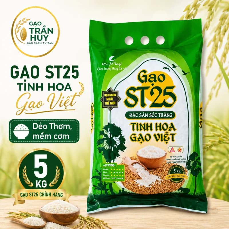 🌾 Gạo ST25 Cỏ May Chính Hãng Bao 5kg – Gạo Ngon Nhất Thế Giới Cơm Thơm Dẻo Hạt Thượng Hạng