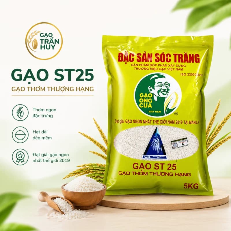 🌾 Gạo ST25 Ông Cua Chính Hãng Túi 5kg – Gạo Ngon Nhất Thế Giới Cơm Mềm Dẻo Thơm Tự Nhiên